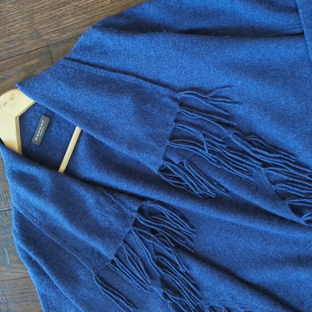 REPEAT CASHMERE I Navy Blue Open Front Fine Knit Fringed Cardigan Sweater, S